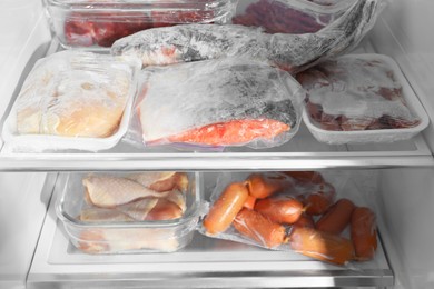 Photo of Different frozen meat and fish products in fridge, closeup