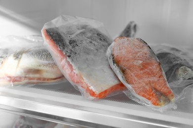 Photo of Different frozen fishes in plastic bags on refrigerator shelf, closeup