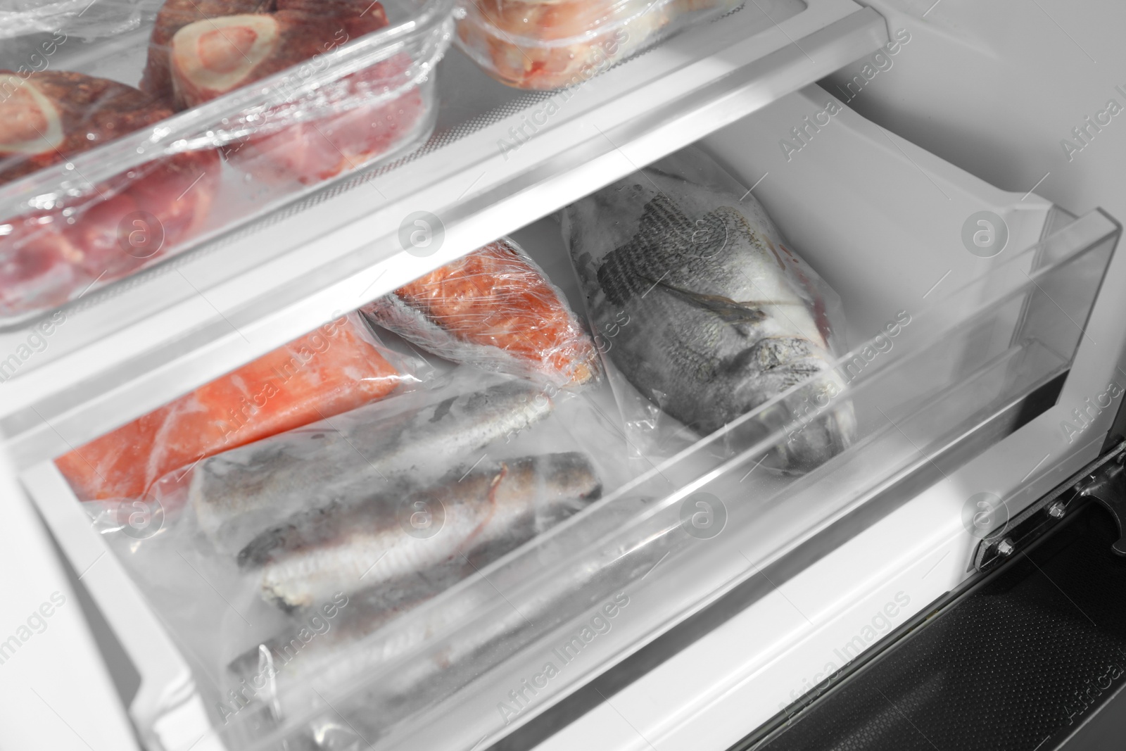 Photo of Different frozen fishes in container of fridge