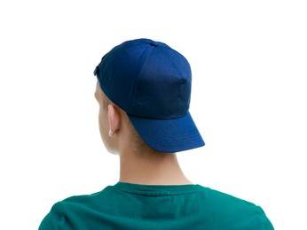 Photo of Man in stylish baseball cap on white background, back view. Mockup for design