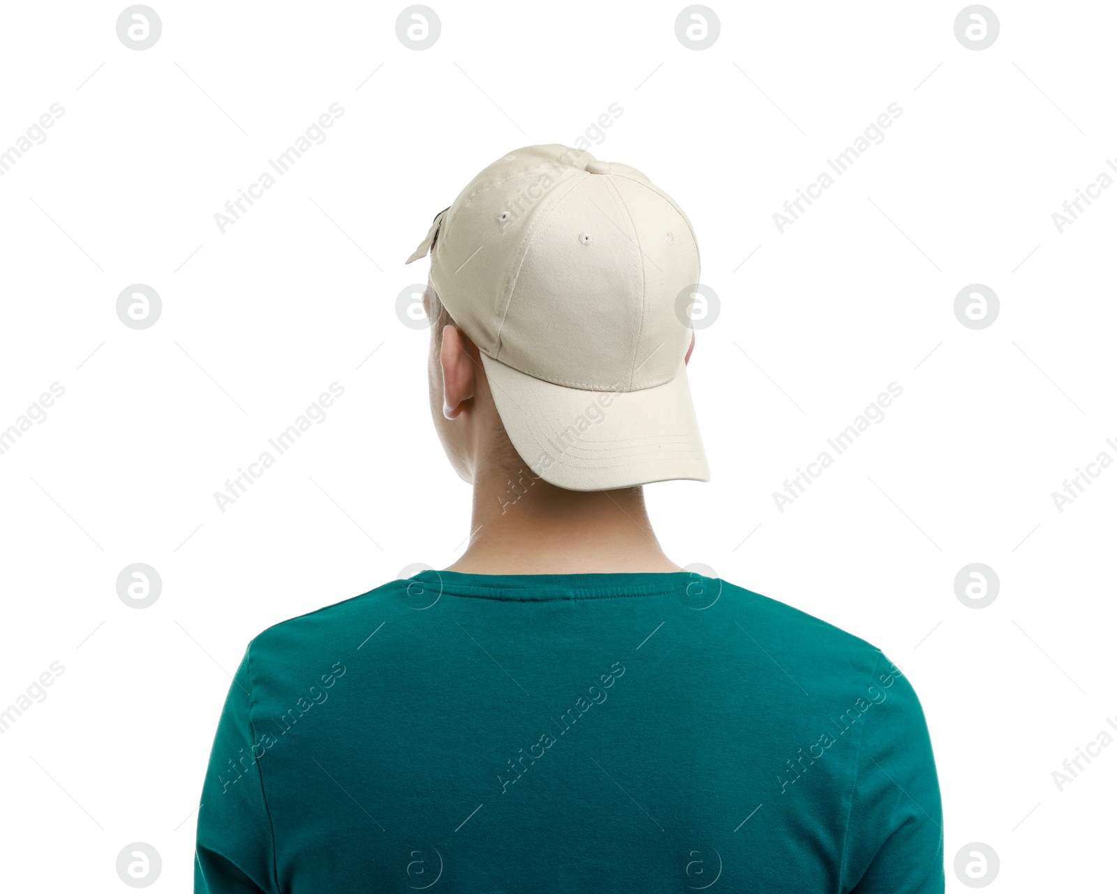 Photo of Man in stylish baseball cap on white background, back view. Mockup for design