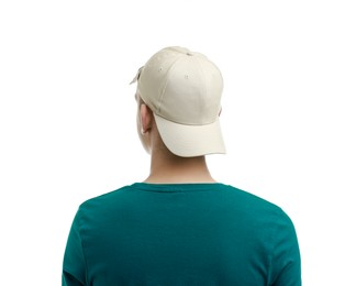 Photo of Man in stylish baseball cap on white background, back view. Mockup for design