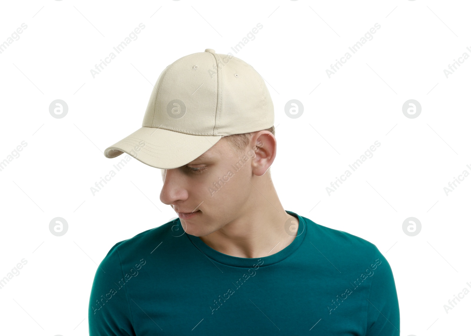 Photo of Man in stylish baseball cap on white background. Mockup for design