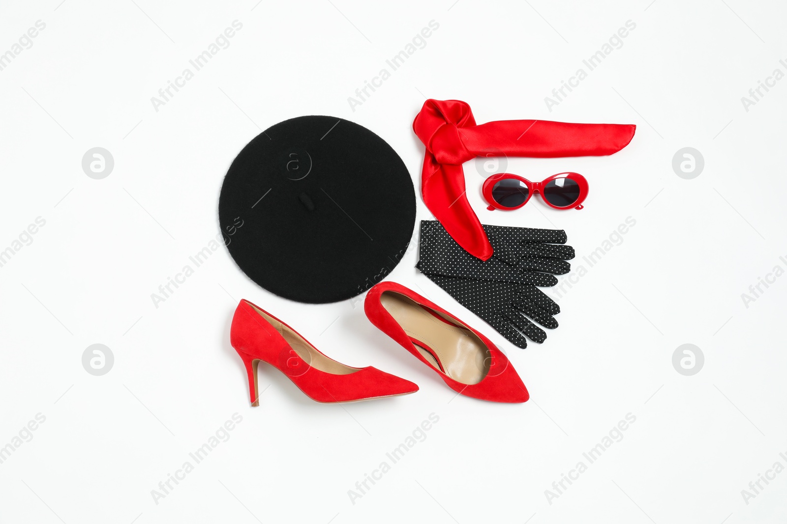 Photo of Stylish accessories on white background, flat lay