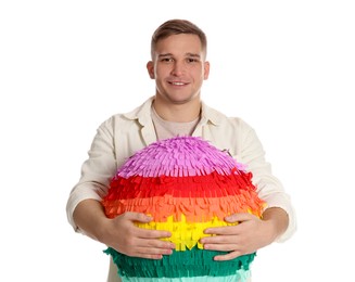 Photo of Happy man with colorful pinata on white background