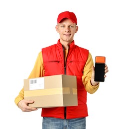 Happy courier with payment terminal and parcel on white background