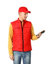 Photo of Happy courier with payment terminal on white background