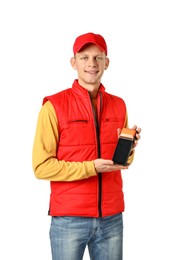 Photo of Happy courier with payment terminal on white background