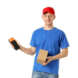 Photo of Happy courier with payment terminal and parcel on white background