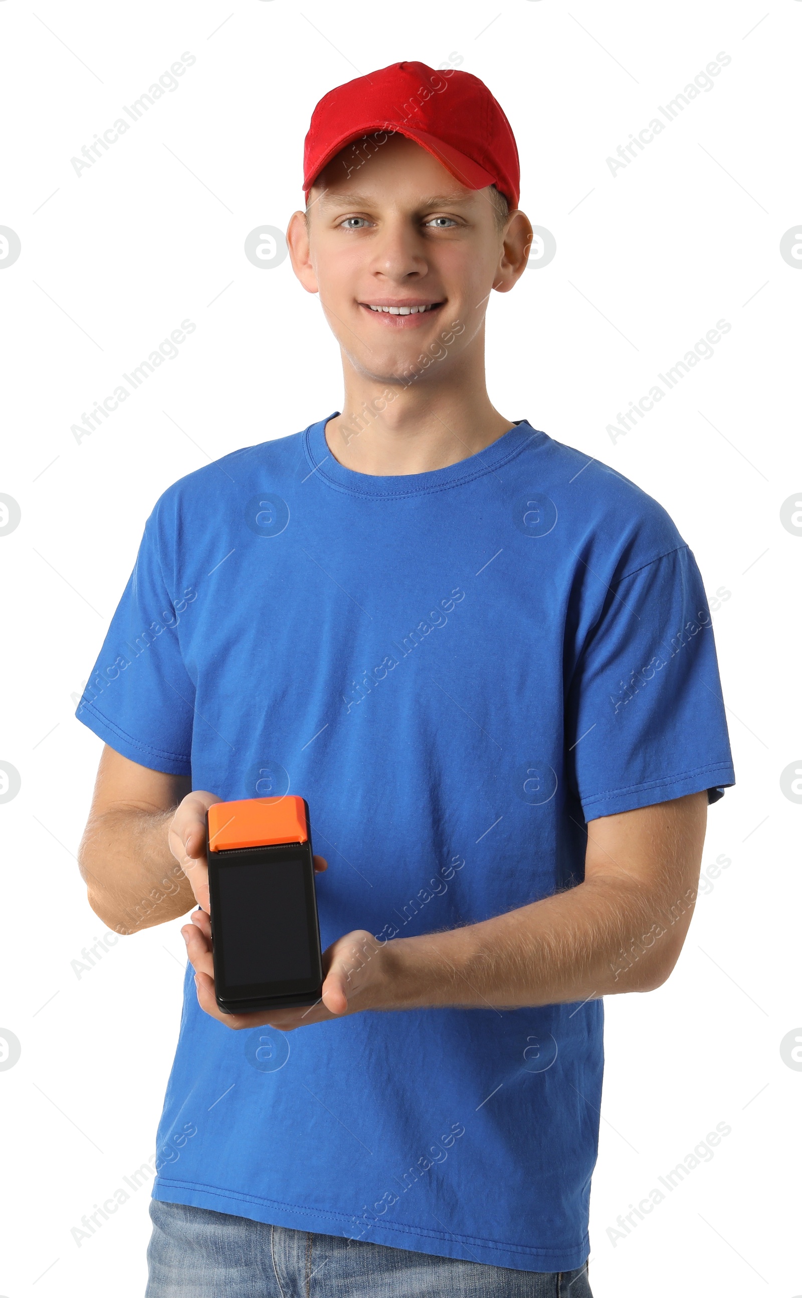 Photo of Happy courier with payment terminal on white background