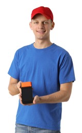 Photo of Happy courier with payment terminal on white background