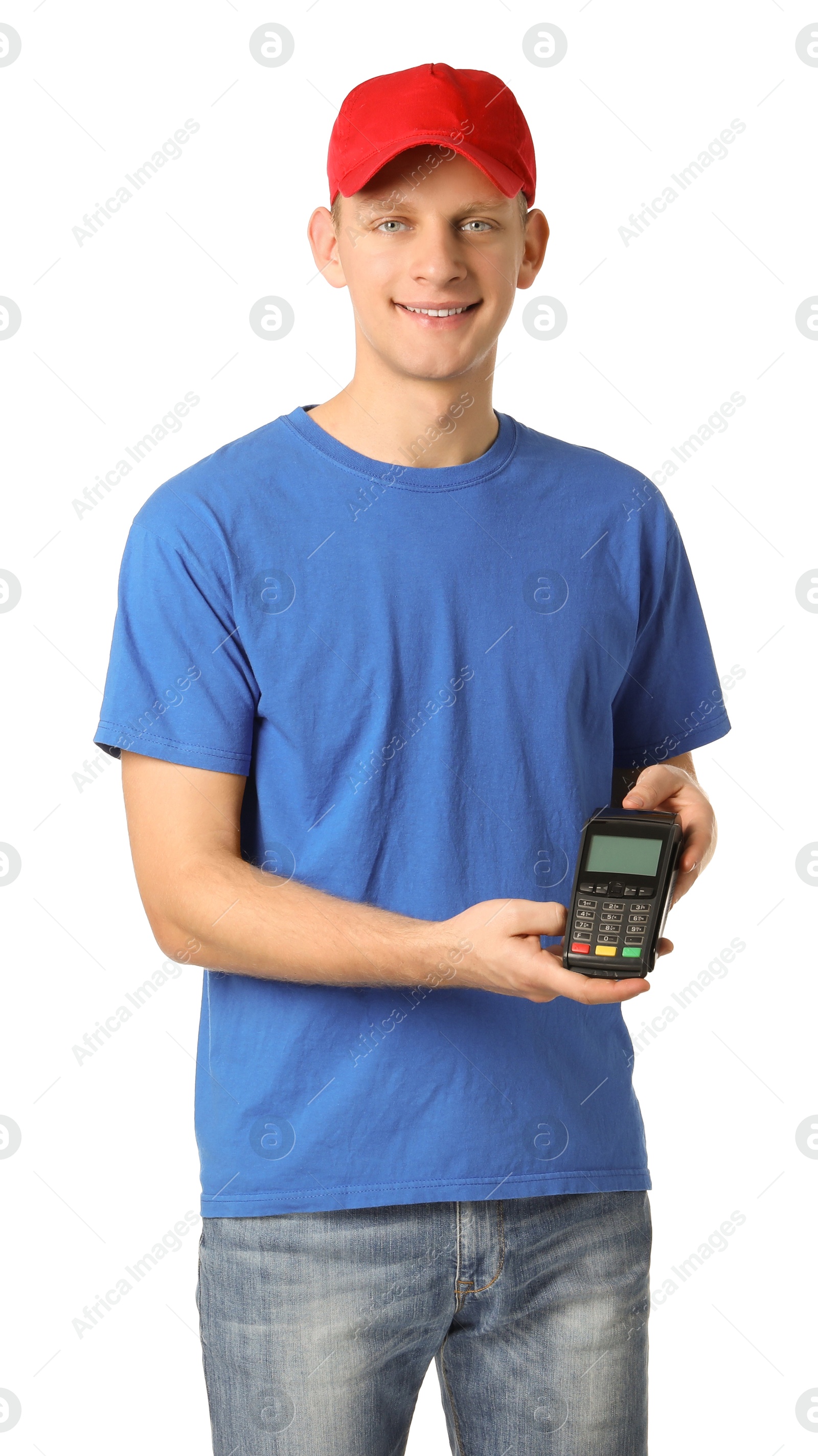 Photo of Happy courier with payment terminal on white background