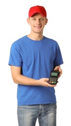 Photo of Happy courier with payment terminal on white background