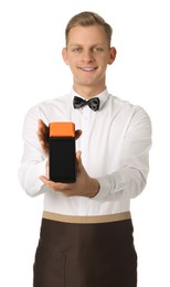 Photo of Happy waiter with payment terminal on white background