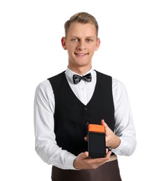 Happy waiter with payment terminal on white background