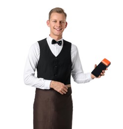 Photo of Happy waiter with payment terminal on white background