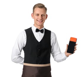 Photo of Happy waiter with payment terminal on white background