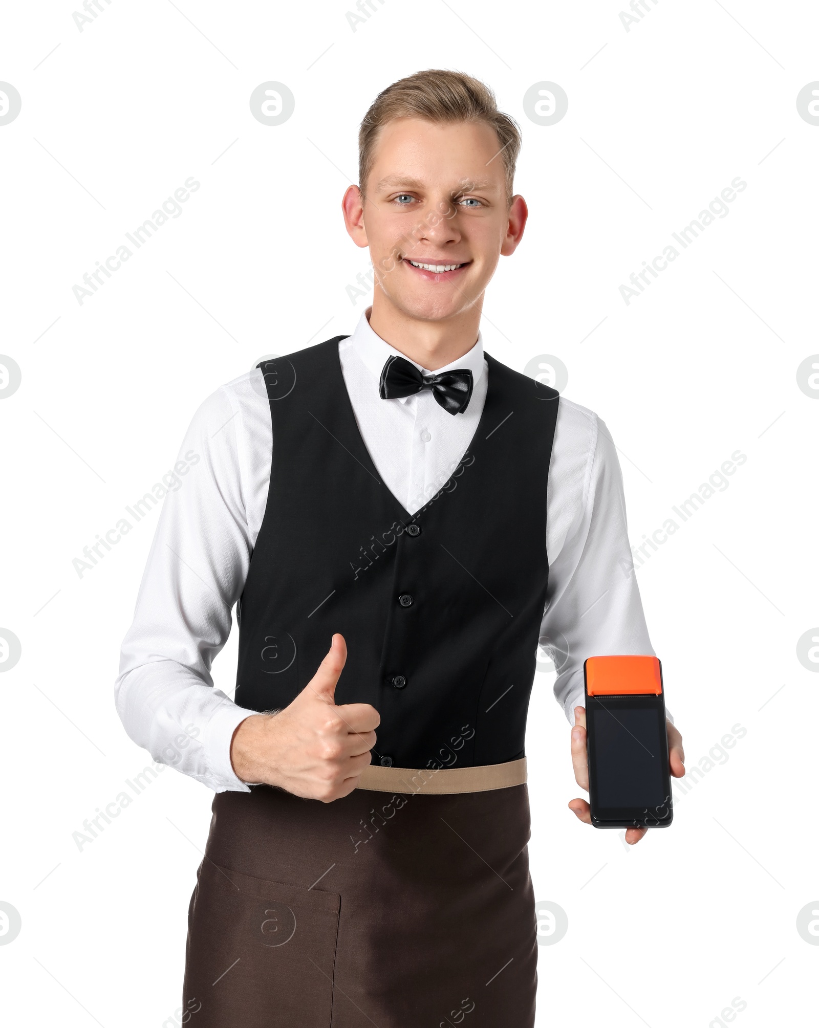 Photo of Happy waiter with payment terminal showing thumbs up on white background