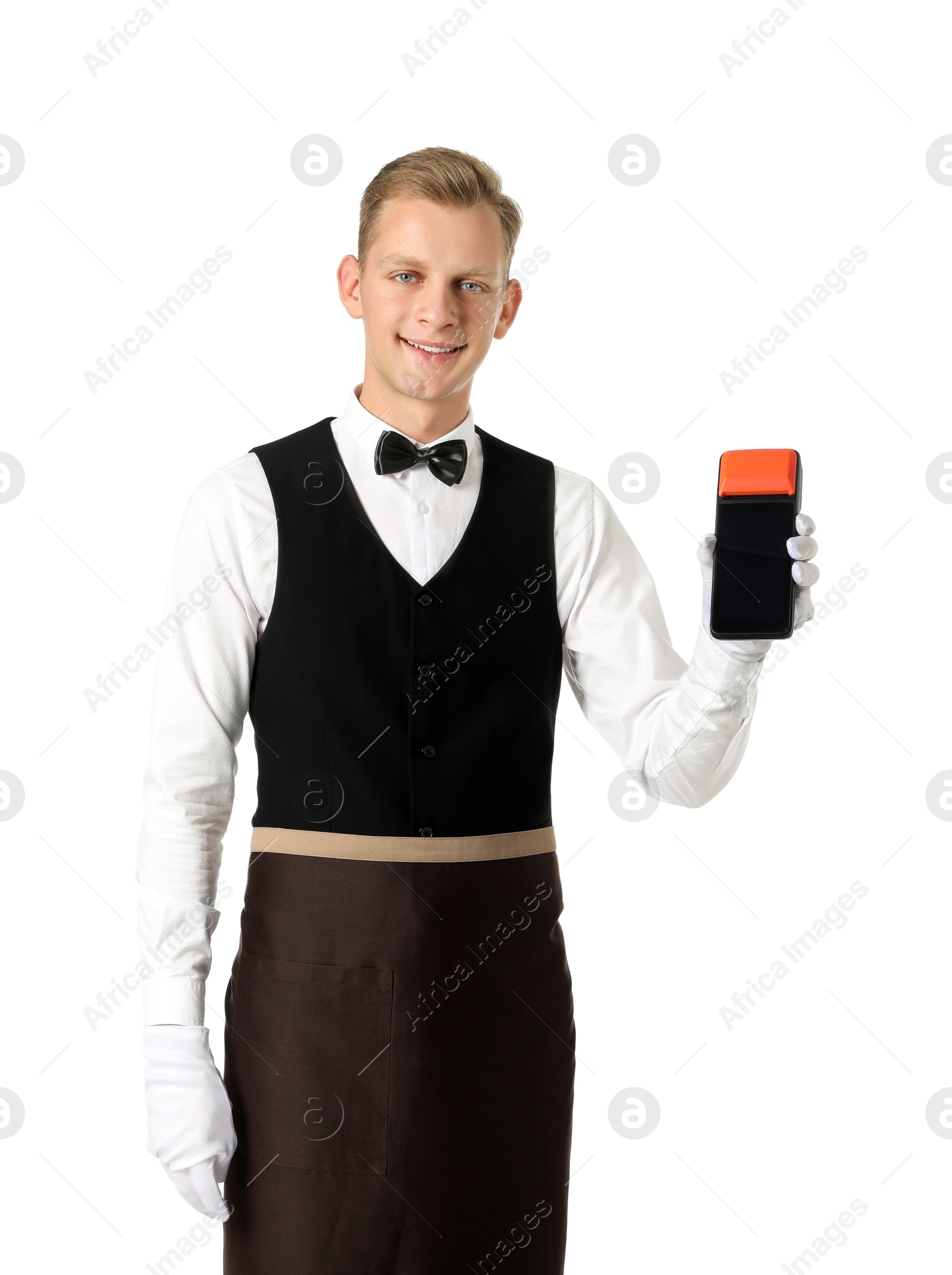 Photo of Happy waiter with payment terminal on white background