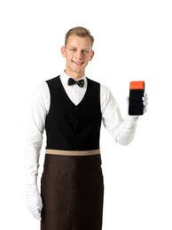 Happy waiter with payment terminal on white background