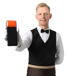 Happy waiter with payment terminal on white background