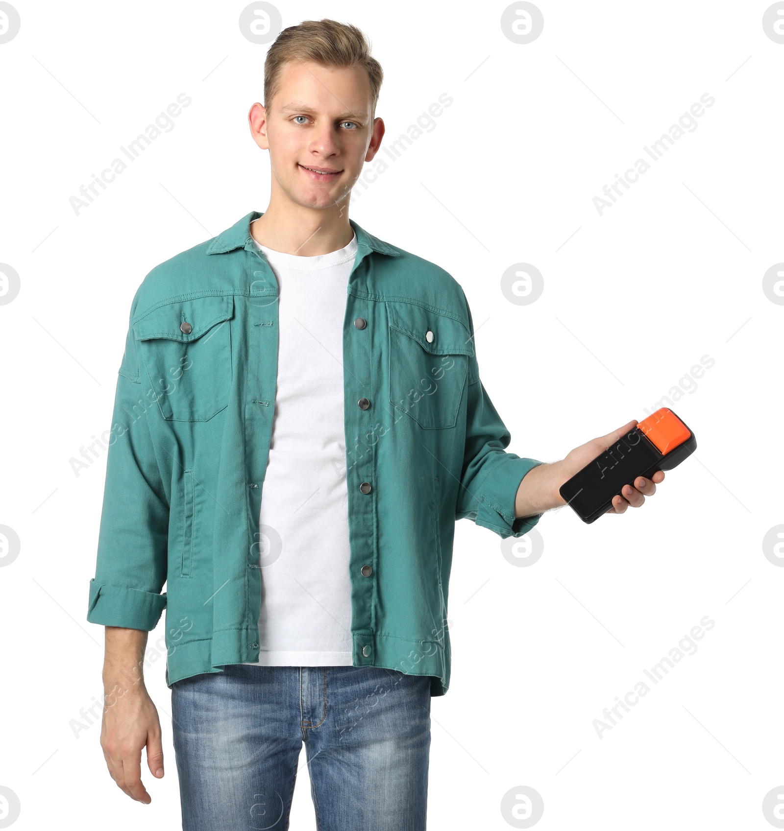 Photo of Happy young man with payment terminal on white background