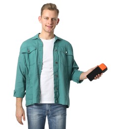 Happy young man with payment terminal on white background