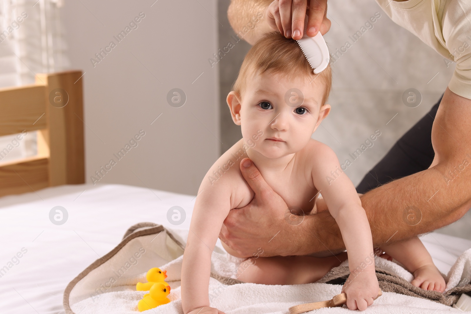 Photo of Man combing hair of his little baby indoors, closeup. Space for text