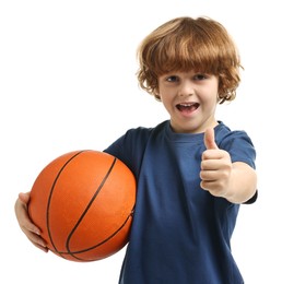 Photo of Little boy with basketball ball showing thumbs up on white background