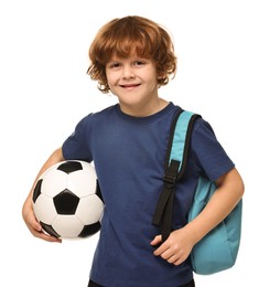 Photo of Little boy with soccer ball and backpack on white background