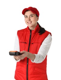 Happy courier with payment terminal on white background