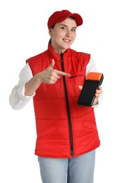 Photo of Happy courier with payment terminal on white background