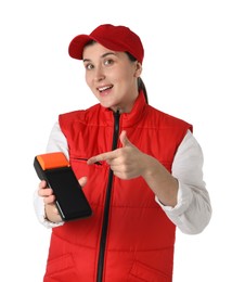 Photo of Happy courier with payment terminal on white background