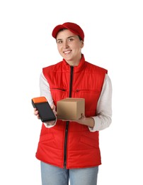 Happy courier with payment terminal and parcel on white background