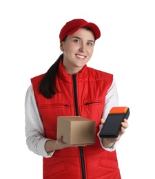 Happy courier with payment terminal and parcel on white background