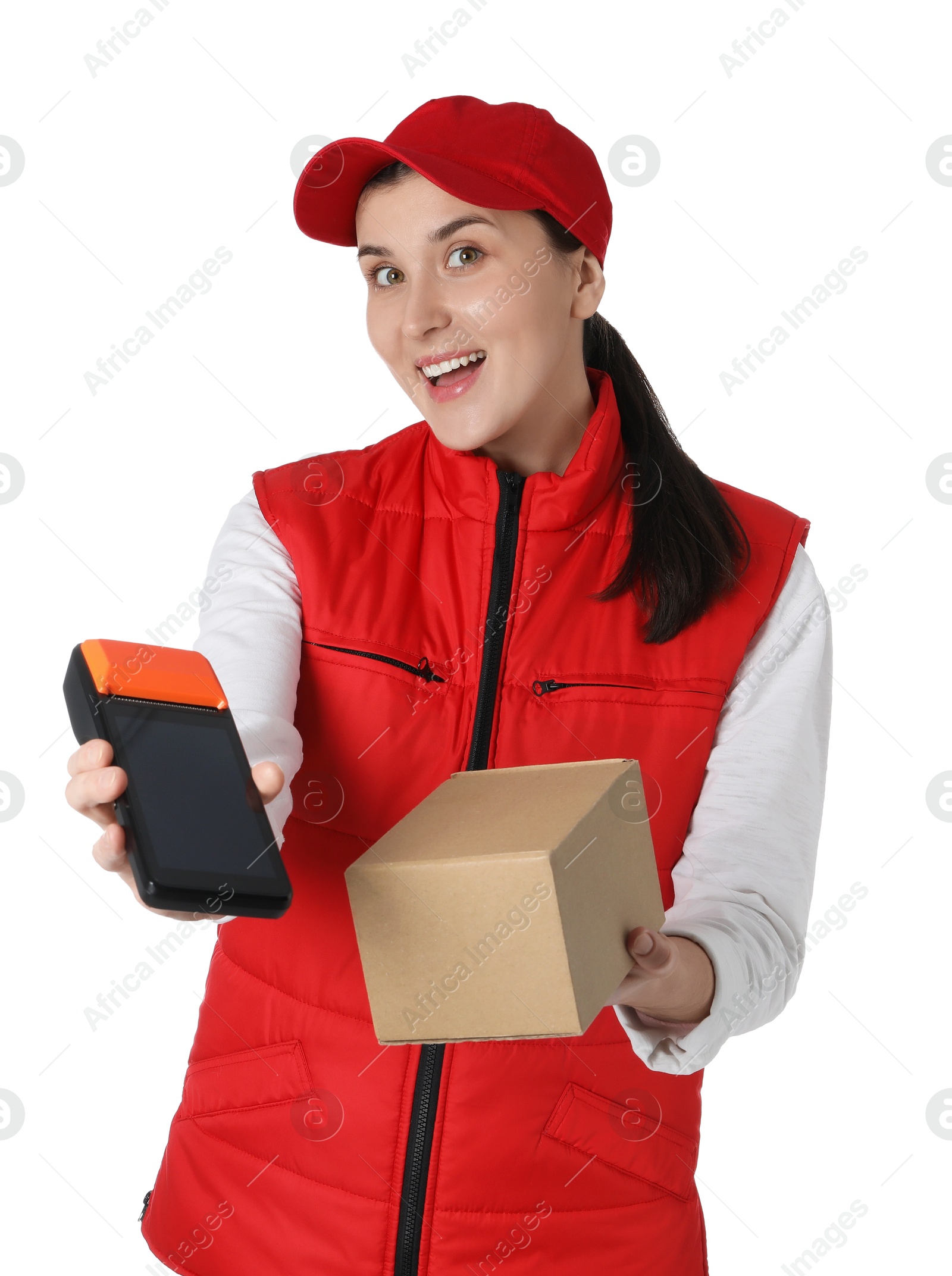 Photo of Happy courier with payment terminal and parcel on white background