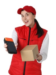 Happy courier with payment terminal and parcel on white background