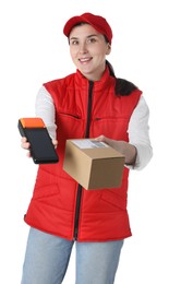 Happy courier with payment terminal and parcel on white background