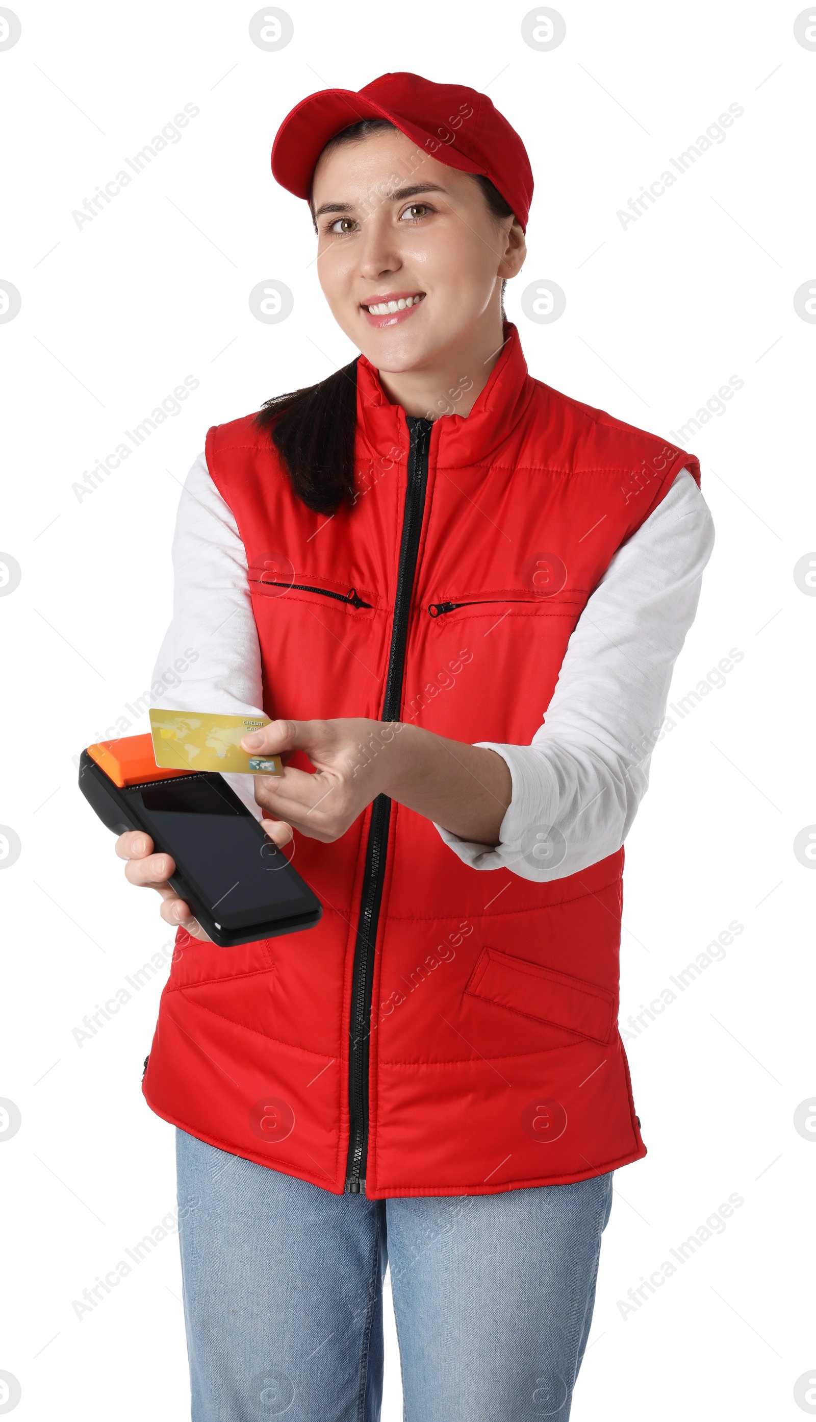 Photo of Happy courier with payment terminal and credit card on white background