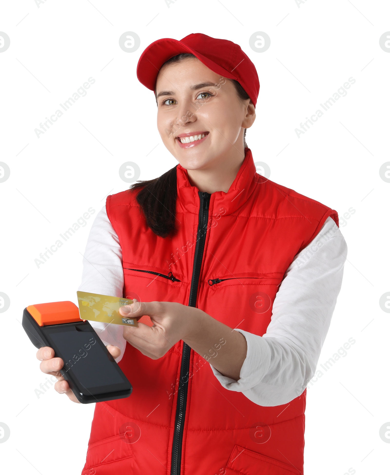 Photo of Happy courier with payment terminal and credit card on white background