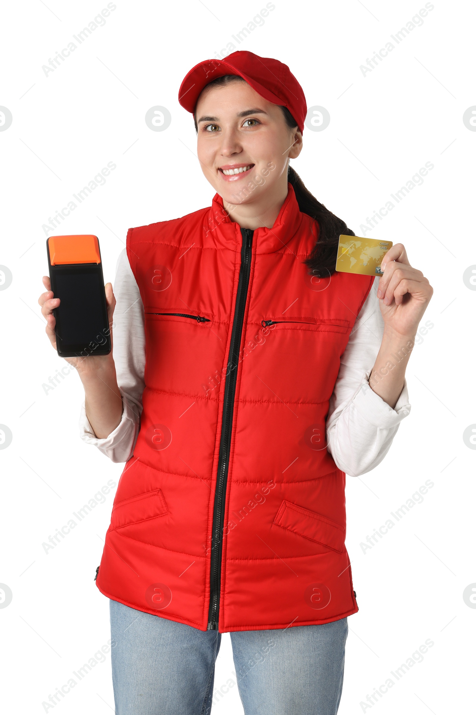 Photo of Happy courier with payment terminal and credit card on white background