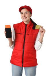 Photo of Happy courier with payment terminal and credit card on white background