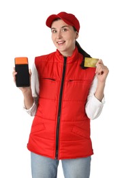 Happy courier with payment terminal and credit card on white background