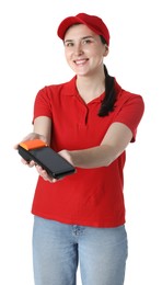 Happy courier with payment terminal on white background