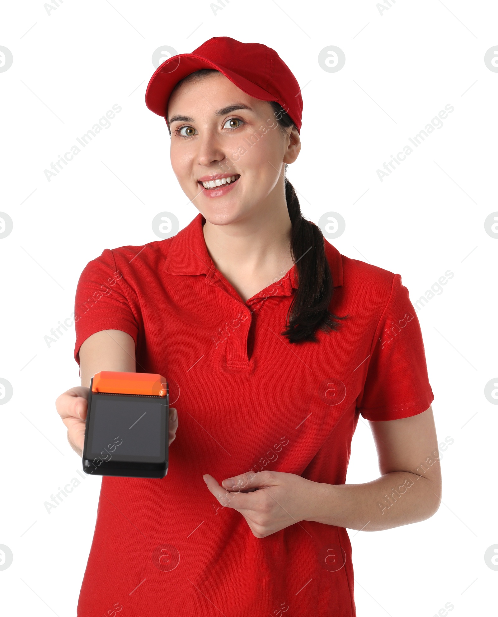 Photo of Happy courier with payment terminal on white background