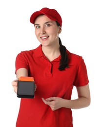 Happy courier with payment terminal on white background