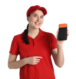 Happy courier with payment terminal on white background