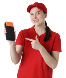 Photo of Happy courier with payment terminal on white background