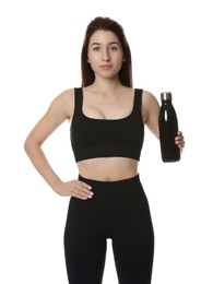 Photo of Woman in sportswear with thermo bottle on white background