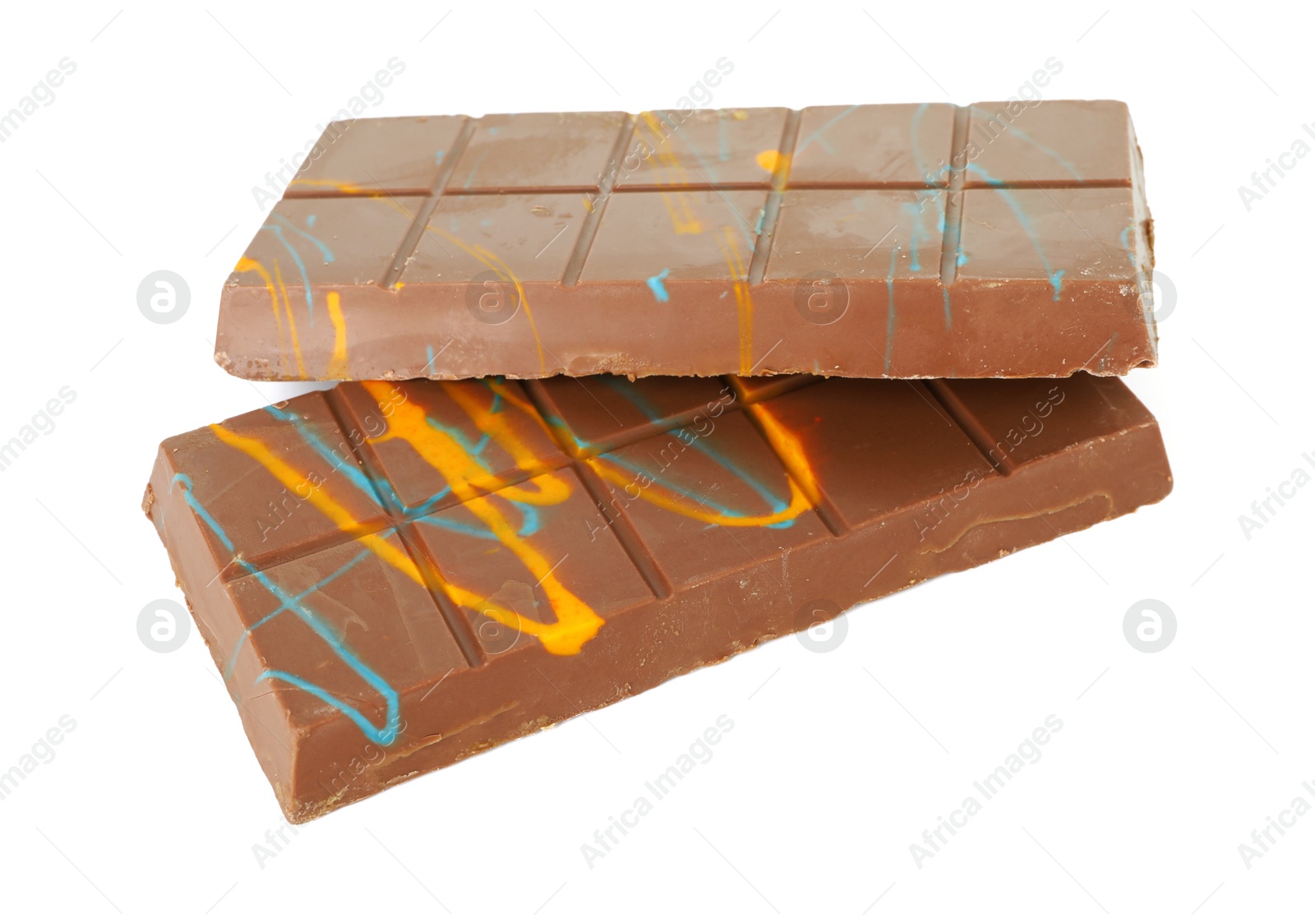 Photo of Two Dubai chocolate bars with pistachio and knafeh isolated on white